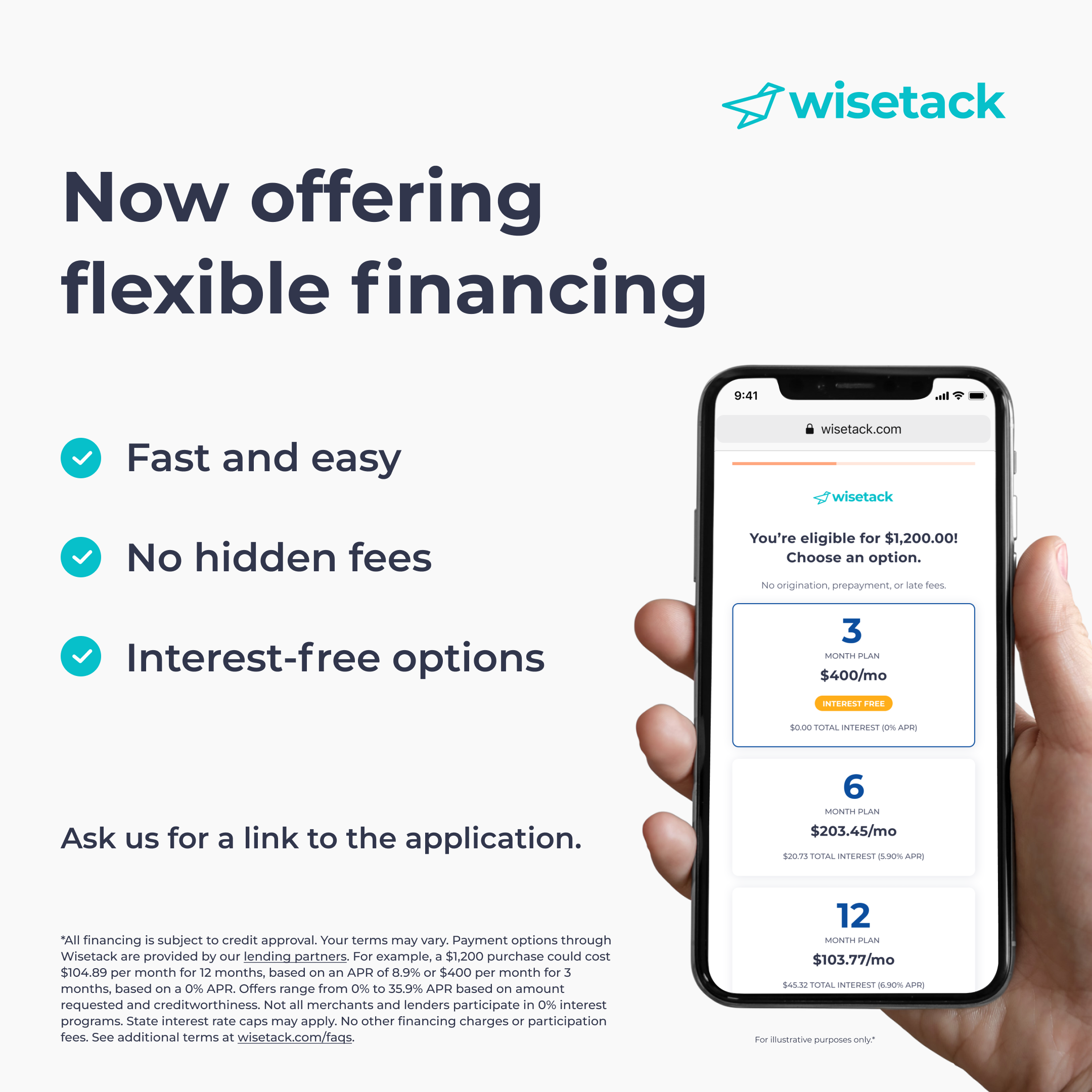 Wisetack financing application on phone showing flexible monthly payment options